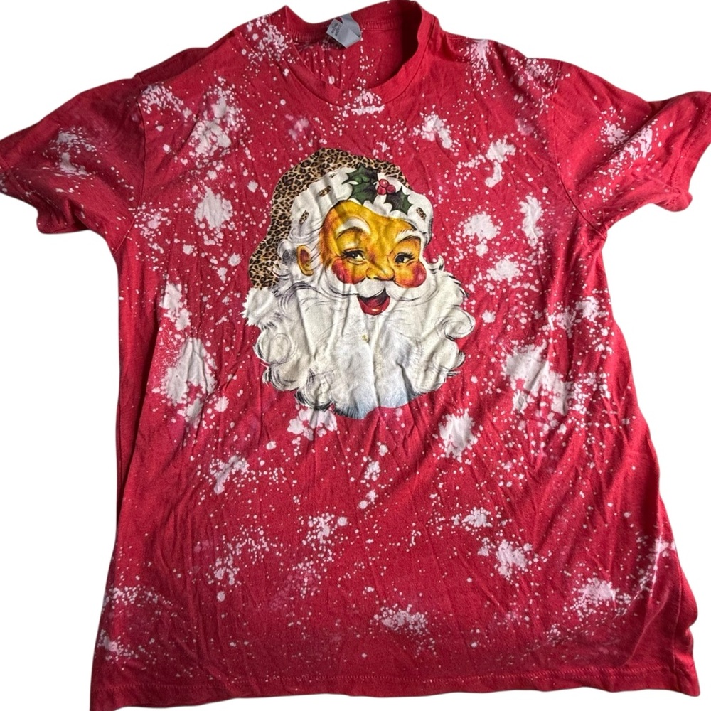 Next Level Red Bleached Santa‎ Graphic Tee Leopard Hat Christmas Shirt Large